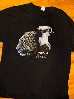 Graphic Black Tee with Leopard & Eagle Illustration
